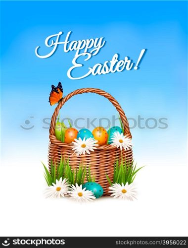 Happy Easter background. Basket with eggs and a butterfly against a blue sky. Vector.
