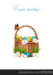 Happy Easter background. Basket with eggs, daisies, grass and a butterfly. Vector.