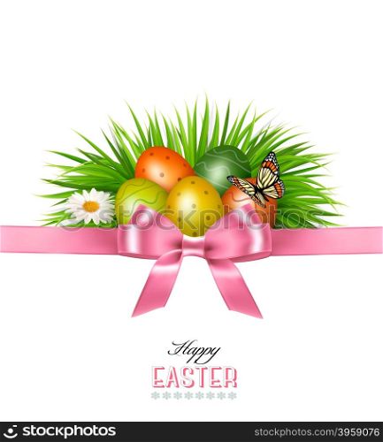 Happy Easter background. Colorful Easter eggs and green grass. Vector.