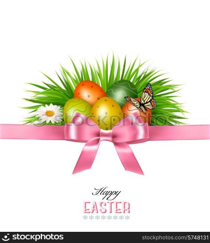 Happy Easter background. Colorful Easter eggs and green grass. Vector.