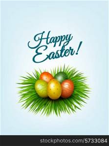 Happy Easter background. Colorful easter eggs in green grass. Vector.