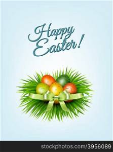 Happy Easter background. Colorful easter eggs on green grass. Vector.