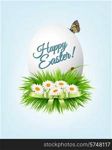 Happy Easter background. Colorful easter eggs on green grass. Vector.