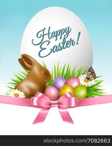 Happy Easter background. Colorful eggs and chocolate bunny on green grass. Vector.