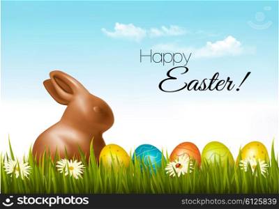 Happy Easter background. Easter eggs and a chocolate bunny. Vector.