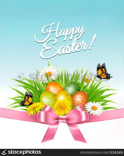 Happy Easter background. Easter eggs in green grass and flowers. Vector.