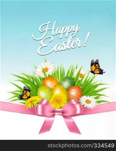 Happy Easter background. Easter eggs in green grass and flowers. Vector.