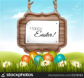 Happy Easter background. Eggs in a green grass and wooden sign. Vector.