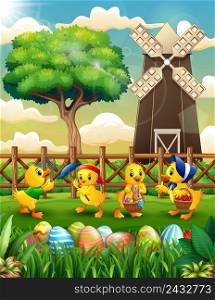 Happy Easter background farm with a bunch cute duckling