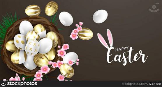 Happy Easter background. shine decorated gold eggs