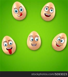 Happy Easter Background with Cheerful Cartoon Eggs. Illustration Happy Easter Background with Cheerful Cartoon Eggs, Positive Emotions, Humor Banner - Vector