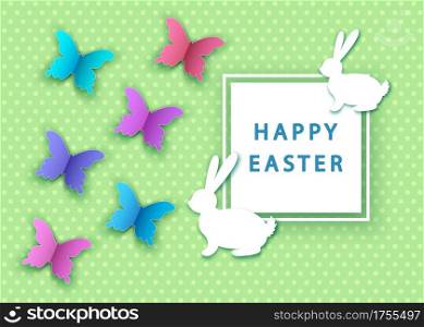 Happy easter background with cut from paper colorful butterfly and bunny. Spring decoration. Vector flat design poster, greeting card template.