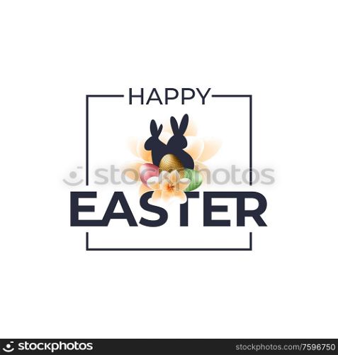Happy Easter background with frame, color eggs, flowers. Vector illustration