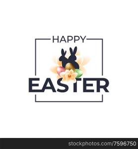 Happy Easter background with frame, color eggs, flowers. Vector illustration