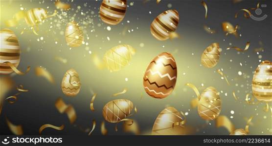 Happy Easter background with golden eggs and spiral ribbons. Vector poster of spring holiday celebration with realistic illustration of 3d luxury gold eggs with patterns and confetti. Happy Easter card with golden eggs and ribbons