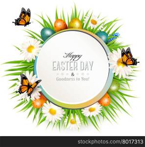 Happy Easter background with grass, butterflies and easter eggs. Vector.