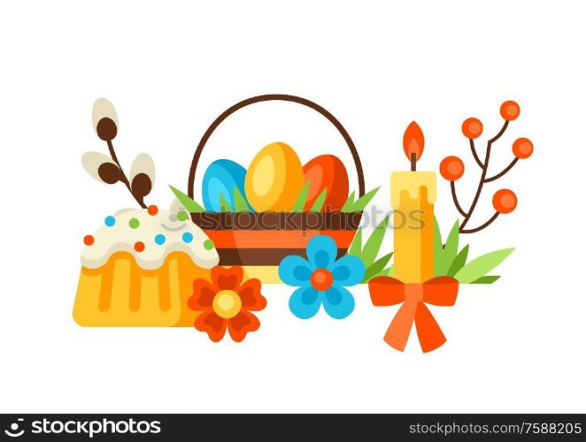 Happy Easter background with holiday items. Decorative symbols and objects, eggs, bunnies.. Happy Easter background with holiday items.