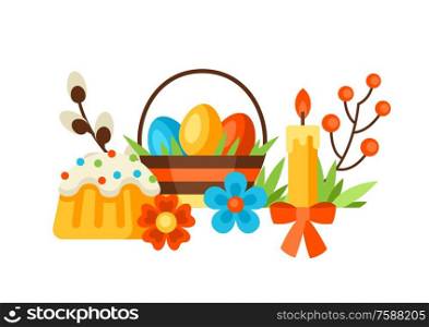 Happy Easter background with holiday items. Decorative symbols and objects, eggs, bunnies.. Happy Easter background with holiday items.