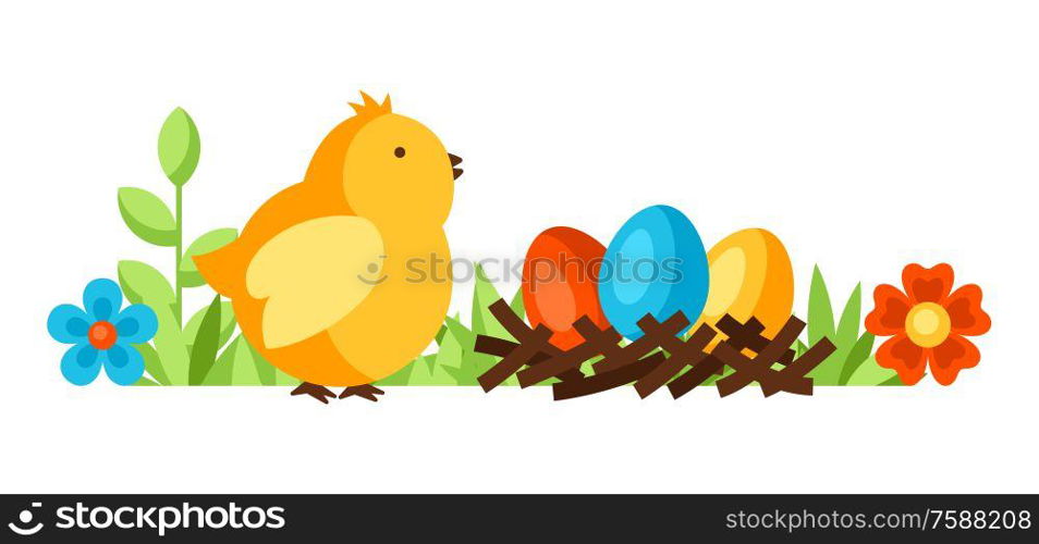 Happy Easter background with holiday items. Decorative symbols and objects, eggs, bunnies.. Happy Easter background with holiday items.