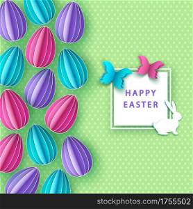 Happy easter background with paper eggs, butterfly and bunny. Vector flat design poster template.