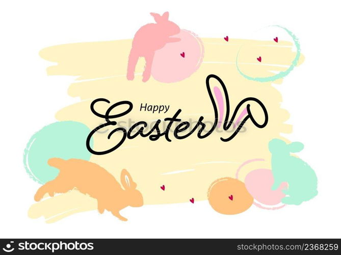 Happy easter banner. Easter design with typography, eggs and bunny in pastel colors. Vector illustration for poster, greeting card, website