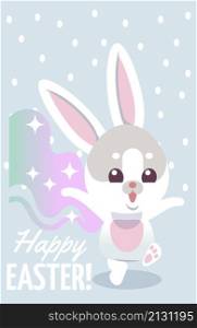 Happy Easter banner. Happy cartoon rabbit celebrating miracle isolated on white background. Happy Easter banner. Happy cartoon rabbit celebrating miracle