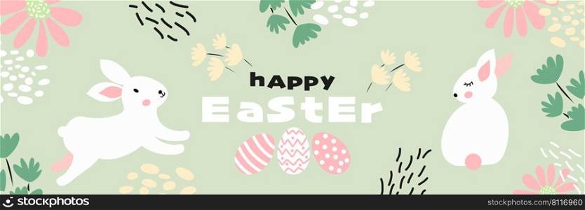 Happy Easter banner, poster background graphic design, decoration with bunnies, Easter eggs and flowers