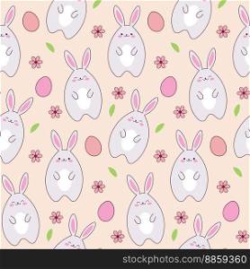 Happy Easter banner with cute kawaii rabbit, easter eggs and flowers. Hand drawn seamless pattern with cartoon bunny for kids bedding, fabric, wallpaper, wrapping paper, textile, t-shirt print