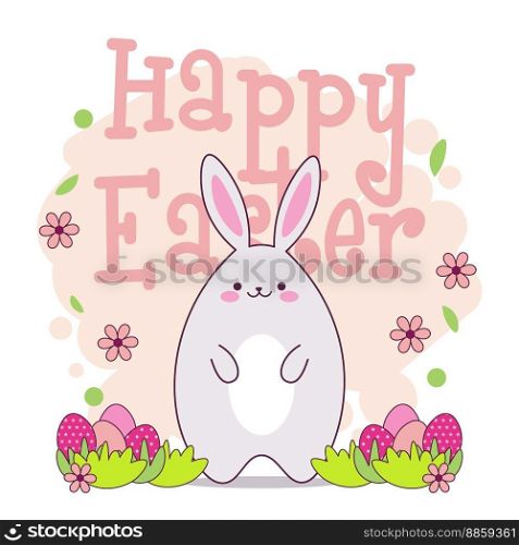 Happy Easter banner with cute kawaii rabbit, easter eggs and flowers. Colorful greeting card with cartoon bunny