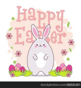 Happy Easter banner with cute kawaii rabbit, easter eggs and flowers. Colorful greeting card with cartoon bunny