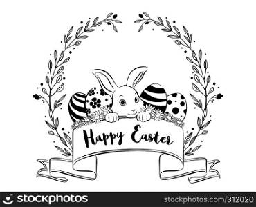Happy Easter banner with floral wreath frame, hand drawing style. Vector Illustration