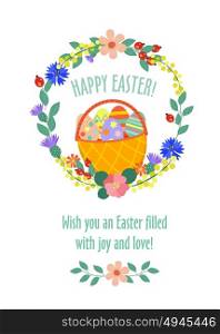 Happy Easter! Basket with eggs. A wreath of spring flowers. Vector illustration. Isolated on a white background.