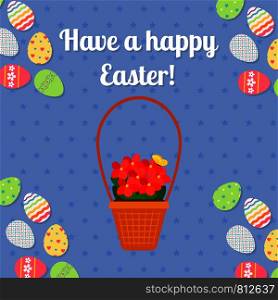Happy Easter blue vertical greeting card with eggs. Vector illustration. Happy Easter blue card with eggs