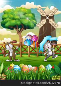 Happy Easter bunnies dancing in the spring farm background