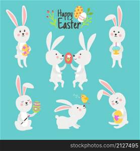 Happy easter bunnies with eggs. Cartoon cute rabbits celebrate day of spring, vector illustration of decoration elements of fun holiday isolated on cyan background. Happy easter bunnies with eggs