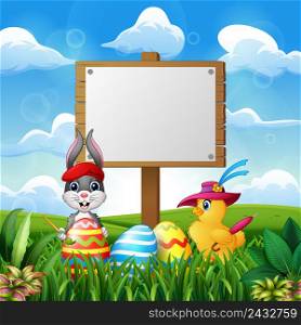 Happy easter bunny and chick with blank sign on the field