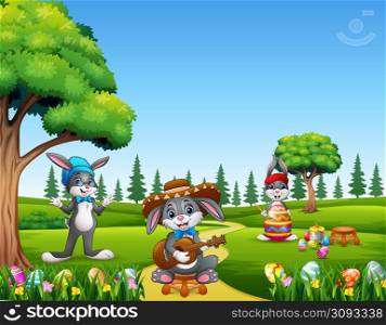 Happy easter bunny on the nature background