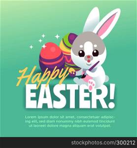 Happy easter bunny poster. Cute white rabbit with easter egg cartoon bunnies celebration greeting card. Happy easter bunny poster. Cute white rabbit with easter egg cartoon bunnies greeting celebration vector card