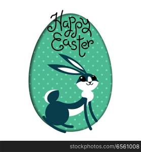 Happy Easter. Bunny rabbit hare inside painted egg frame window. Cute cartoon character. Baby greeting card. Green background. Vector illustration.. Happy Easter. Bunny rabbit hare inside painted egg frame window. Cute cartoon character. Baby greeting card. Green background. Vector illustration