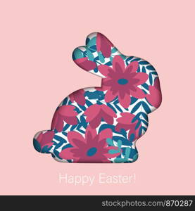 Happy Easter bunny shaped greeting poster card with blossom flowers decoration, vector illustration