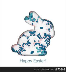 Happy Easter bunny shaped greeting poster card with blossom flowers decoration, vector illustration