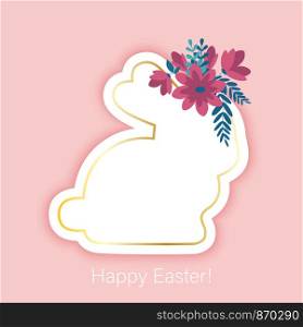 Happy Easter bunny shaped greeting poster card with blossom flowers decoration, vector illustration