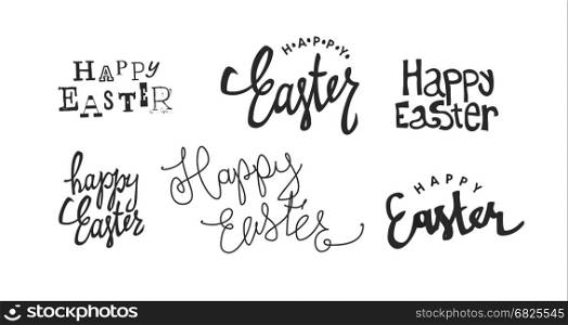 ""Happy Easter" calligraphy logotypes. Holiday logos set. Holiday greetings logotype collection. Hand drawn vector lettering. On white background."