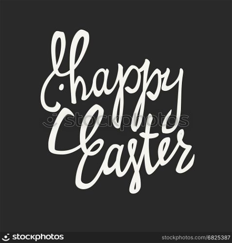 ""Happy Easter" calligraphy with bunny silhouette and texture effect. Holiday greetings logotype. Hand drawn vector lettering. White letters on black background. Bunny ears and Easter greetings illustration. Black and white"
