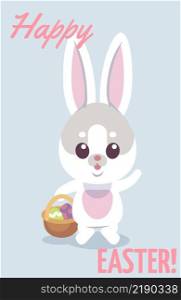 Happy Easter card. Cute bunny holding gift basket with eggs isolated on white background. Happy Easter card. Cute bunny holding gift basket with eggs