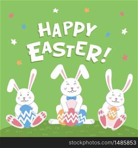 Happy easter card. Easter cartoon bunnies with eggs and happy easter inscription on green background. Flat style vector illustration.. Happy easter card. Easter cartoon bunnies with eggs and happy easter inscription on green background. Flat style vector illustration