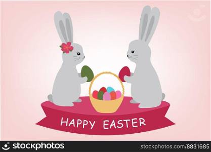 Happy easter card. Illustration with cute bunnies and eggs. Vector illustration isolated on pink background. Happy easter card. Illustration with cute bunnies and eggs. Vector illustration isolated on pink background.