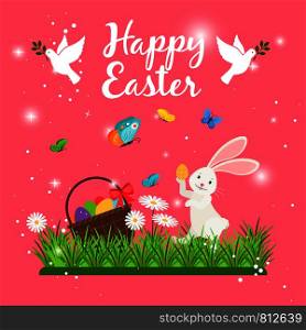 Happy easter card template with cute white rabbit and bunny eggs shaped and spring flowers. Vector illustration. Happy easter card template