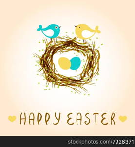 Happy easter card with birds and eggs in the nest. Happy easter card with birds and eggs in the nest.