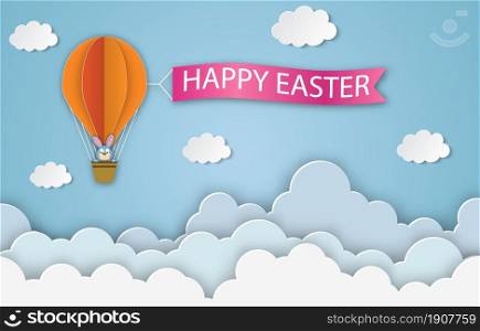 Happy Easter card with bunny. air balloon woth blue sky background. 3d abstract paper cut. Happy easter banner template. Greeting Card. Spring holiday flyers, banners, posters and templates design.. Happy Easter card with bunny